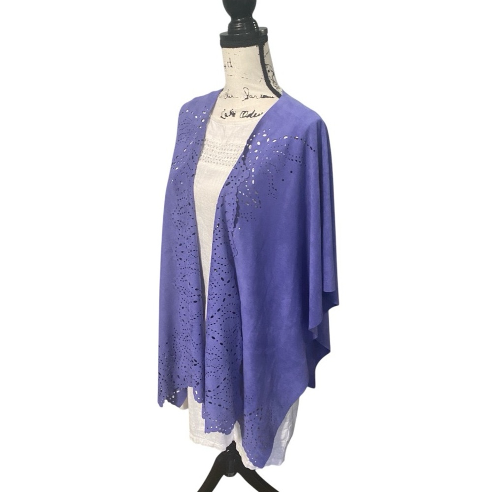 Purple Faux Suede Laser Cutout Boho Draped Ruana Wrap Shawl OS